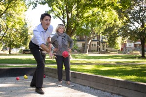Liberal leader Justin Trudeau plays a game of bocce during a campaign stop in Fred Hamilton Park in Toronto, Monday, Sept. 14, 2015. THE CANADIAN PRESS/Jonathan Hayward